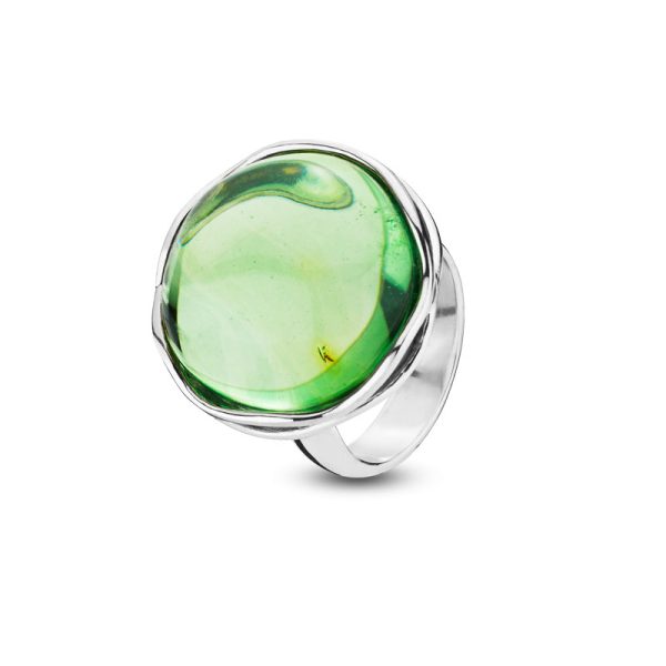 Aurora Green Amber and stainless steel ring